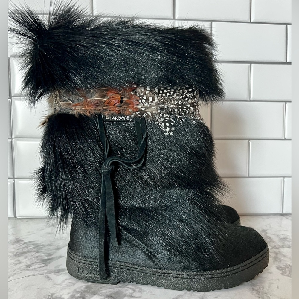 BEARPAW Kola II BLACK Exotic Calf Skin Goat Fur Wool Lined Boots
